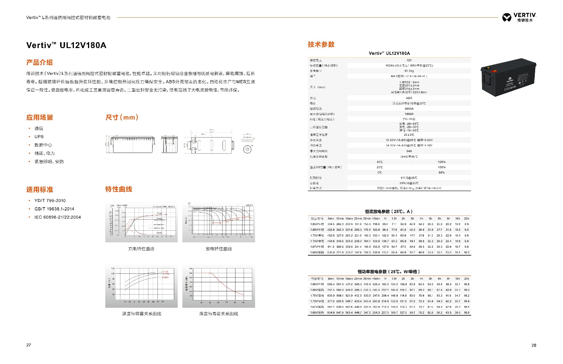  阀控式铅酸蓄电池 蓄电池是组成UPS稳定供电系统中非常重要的一个部分。因此提升蓄电池的品质，降低蓄电池的故障率能有效提高整个UPS系统的可靠性。  维谛根据UPS的工作特性提供了长寿命，高放电功率，高安全可靠的蓄电池系列