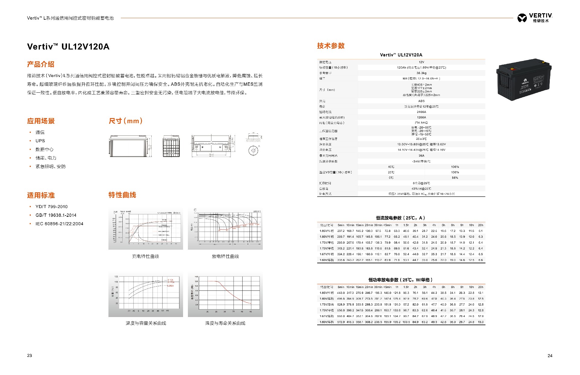  阀控式铅酸蓄电池 蓄电池是组成UPS稳定供电系统中非常重要的一个部分。因此提升蓄电池的品质，降低蓄电池的故障率能有效提高整个UPS系统的可靠性。  维谛根据UPS的工作特性提供了长寿命，高放电功率，高安全可靠的蓄电池系列